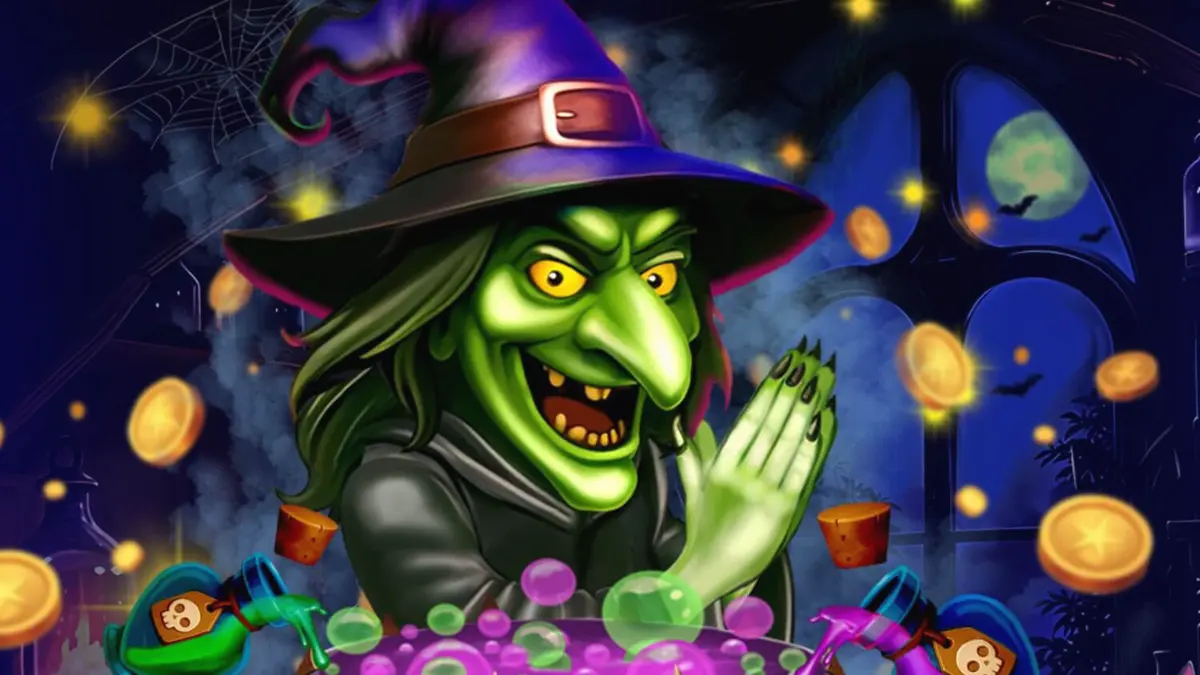 Tampilan visual slot Witches’ Fortune: Hold & Win dengan tema sihir dan ramuan magis