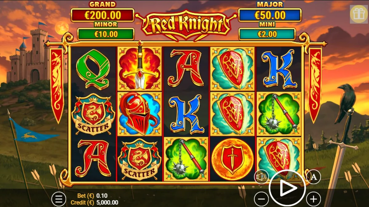 Tampilan visual slot Red Knight dengan latar belakang kastil dan elemen api.